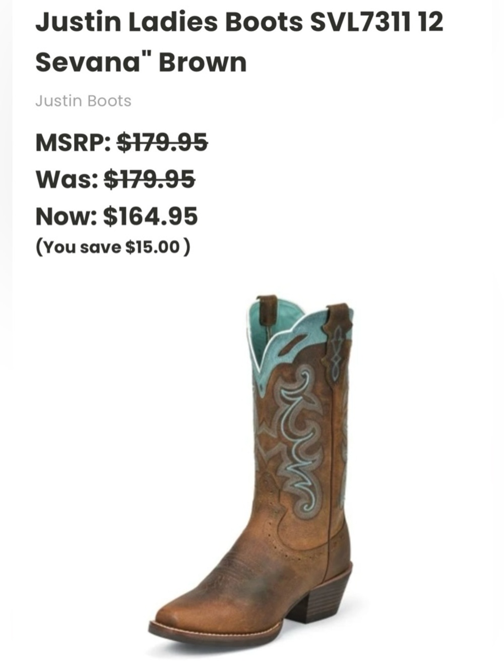 Justin Boots Brown Leather Cowboy Boots with Turquoise Top Trim - Picture 6 of 12